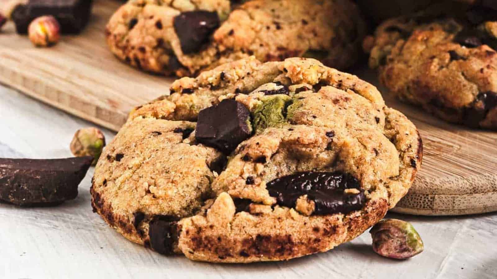 A close-up of a chunky cookie with chocolate pieces and pistachios on a wooden board.