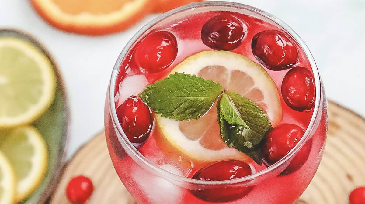 A glass of refreshing cranberry spritzer mocktail, garnished with fruit and mint.