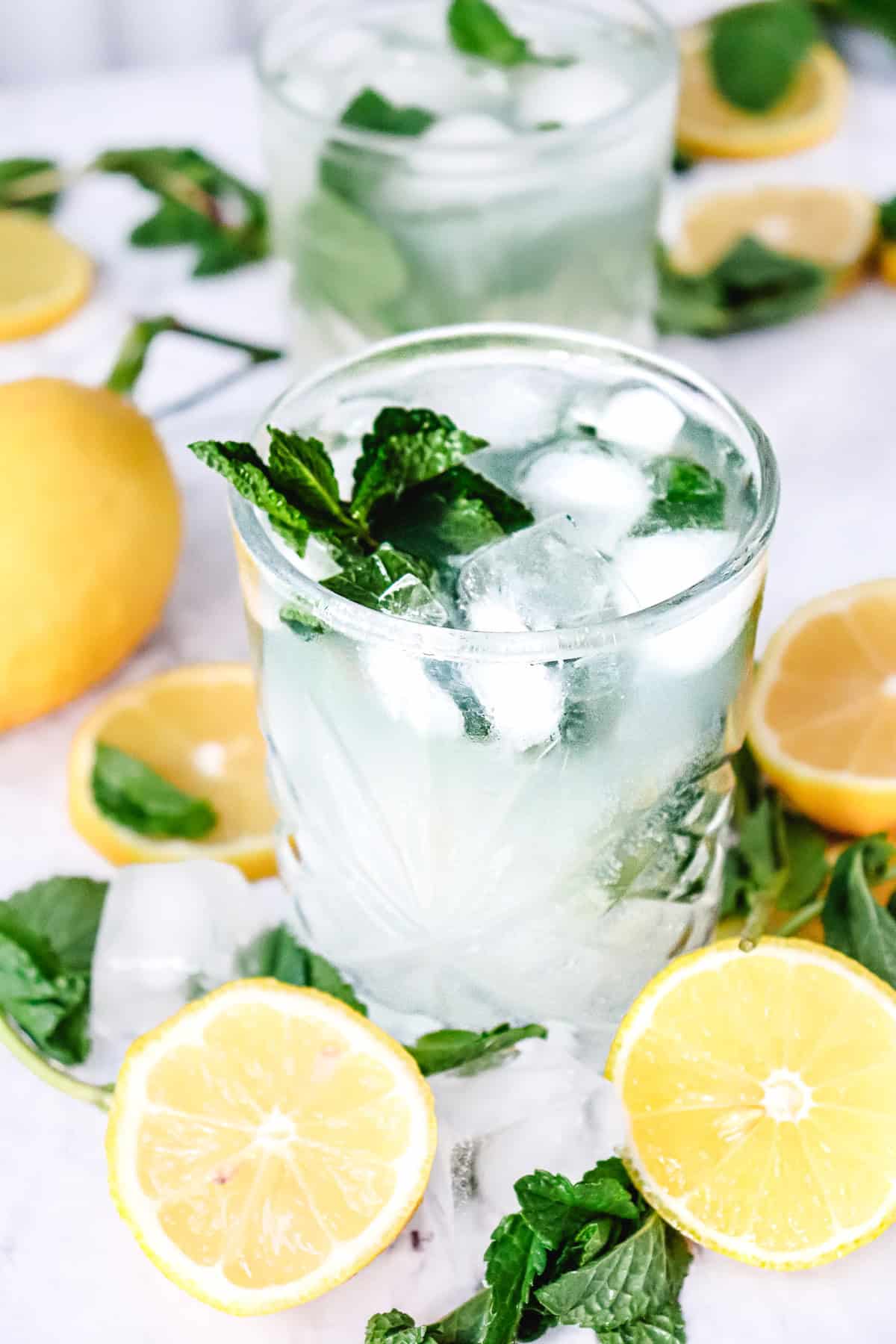 A glass of iced lemon mint water, perfect as a refreshing Lemon Mojito mocktail, surrounded by lemon slices and fresh mint leaves.