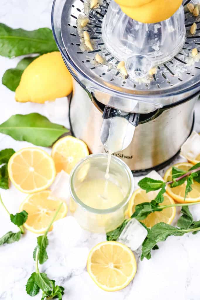 A juicer squeezing lemons with fresh lemon slices, mint leaves, and ice cubes scattered around a glass of Lemon Mojito mocktail.