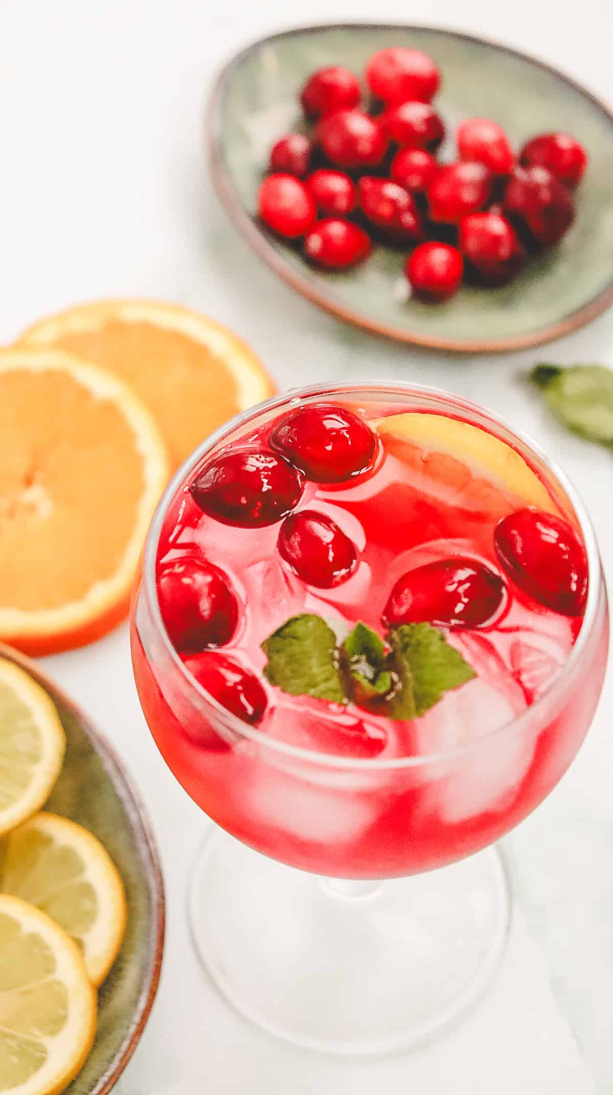 A glass of pink Cranberry Spritzer mocktail with ice, cranberries, mint, and citrus slices on the side.