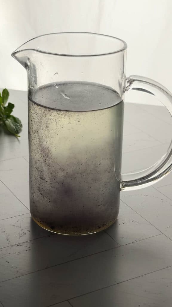 A glass pitcher with cloudy water and dark particles settling at the bottom, perfect for showcasing your next electrolyte mocktail recipe, sits on a gray surface.