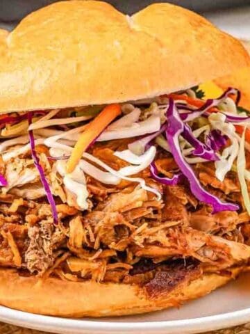 Pulled pork sandwich with coleslaw and potato chips on a white plate.