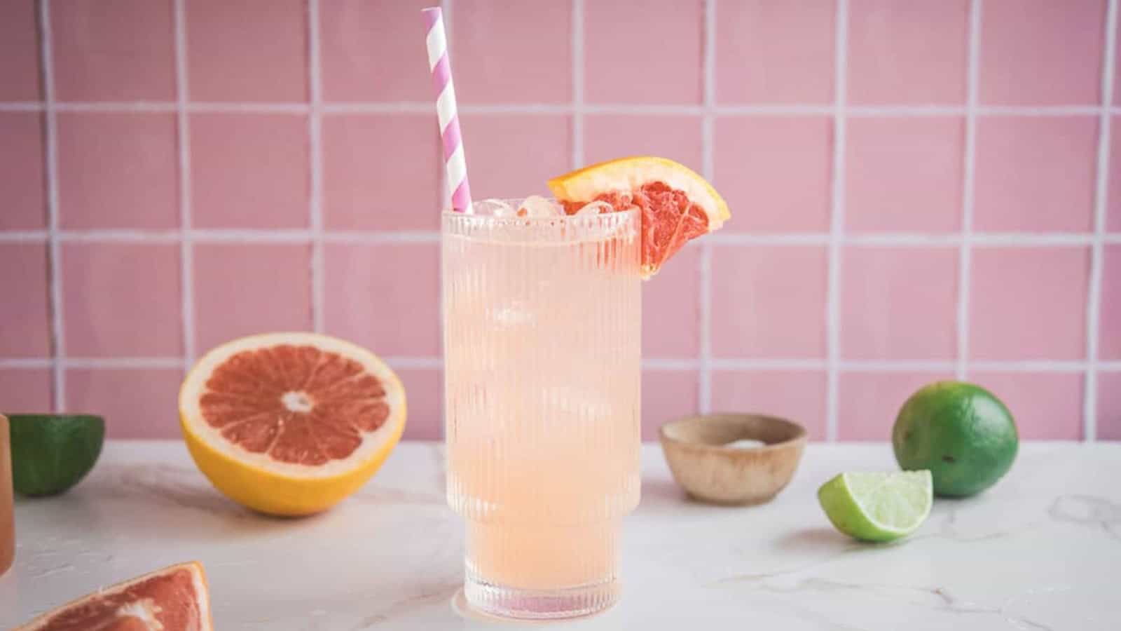 A grapefruit cocktail with ice and a striped straw, garnished with a grapefruit slice, on a pink tiled background.