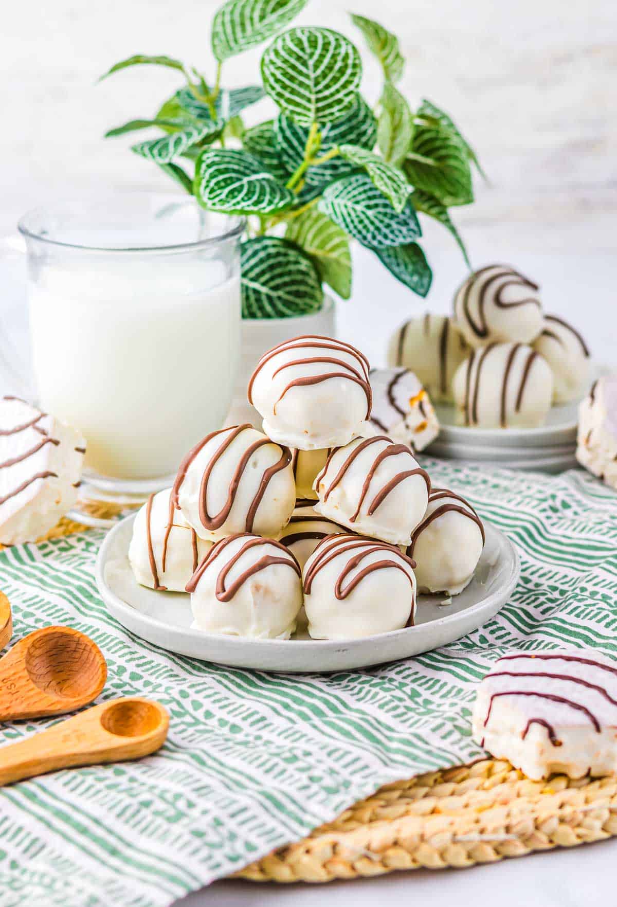 A plate of white chocolate zebra cake balls with chocolate drizzle, a glass of milk, and a green plant in the background.