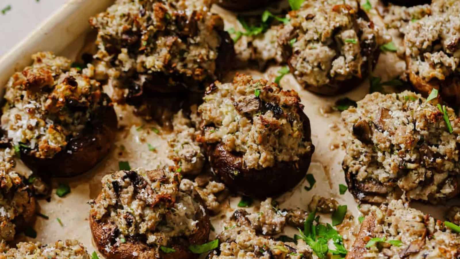 Stuffed mushrooms on a serving tray.