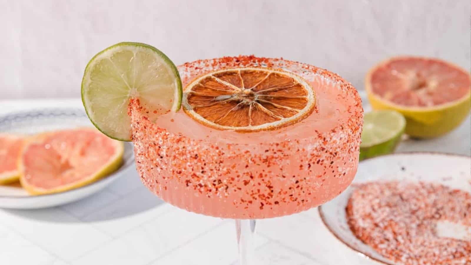 A pink cocktail in a ribbed glass with chili rim, dried grapefruit, and lime garnish.