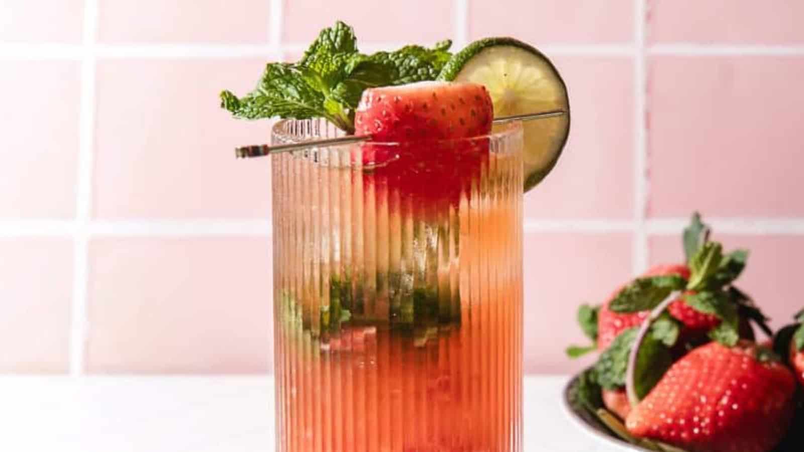 A strawberry and lime cocktail garnished with mint and a strawberry, in a textured glass against a pink tiled background.