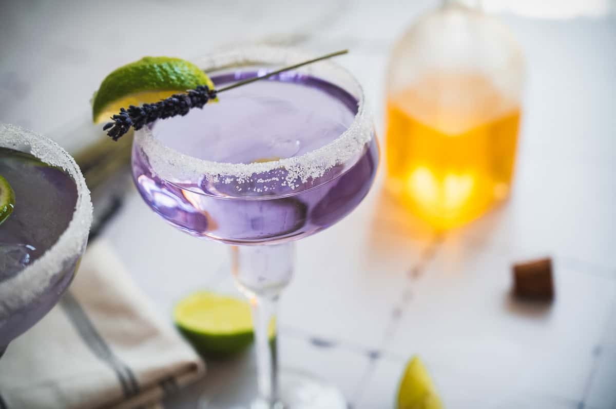 A purple lavender margarita mocktail in a sugared glass, garnished with lime and lavender, sits next to a bottle and lime wedges.