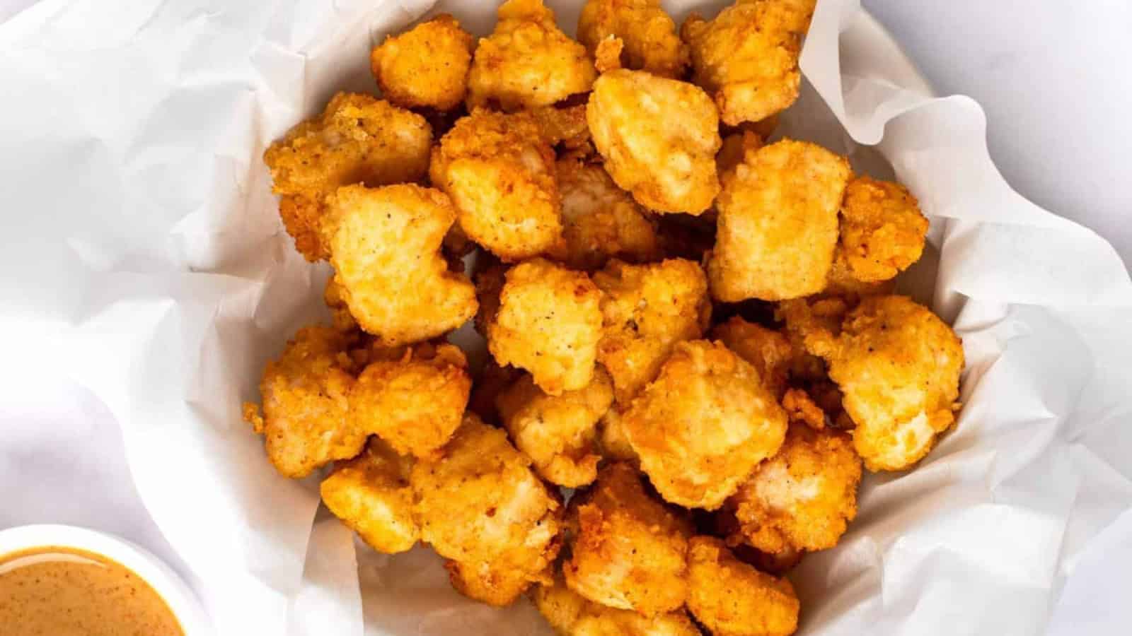 Basket of golden, crispy chicken nuggets on white parchment paper, with dipping sauce on the side.