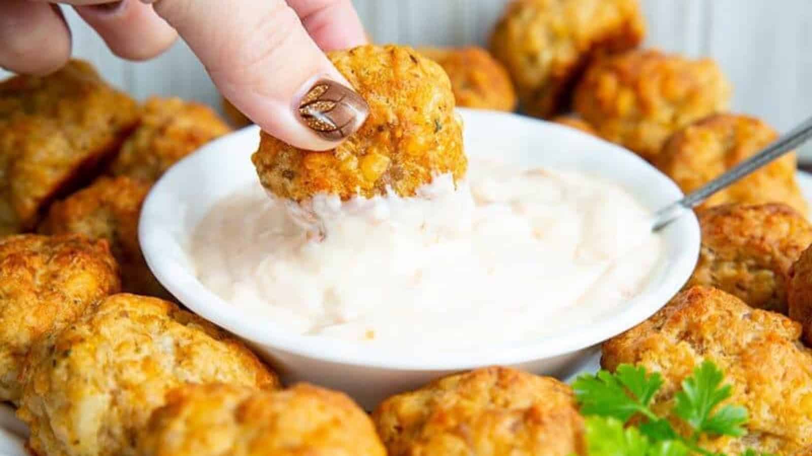 Bisquick sausage balls baked until golden brown and served as bite-sized appetizers.