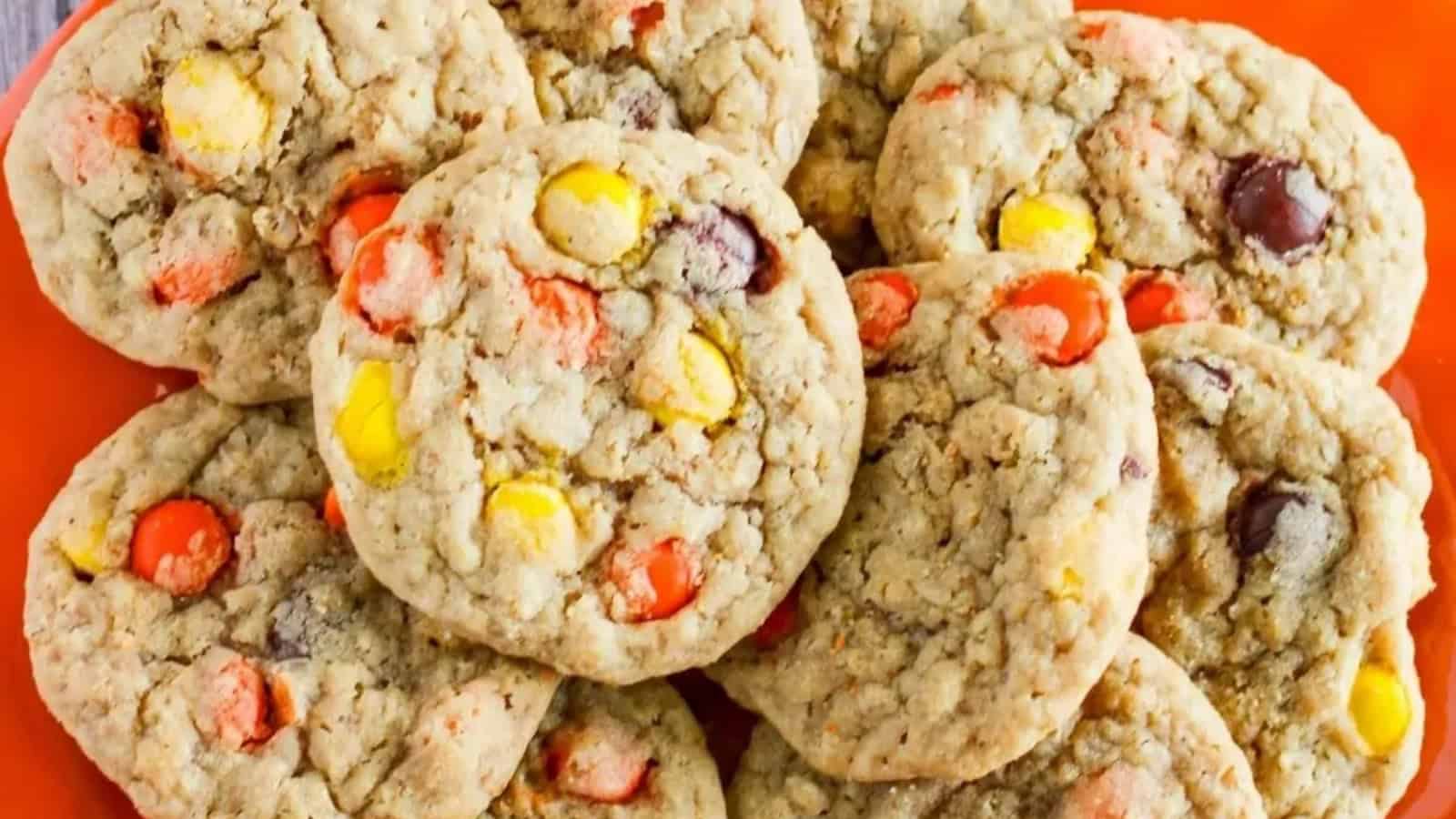 Halloween cookies topped with colorful Reeseโs Pieces candies.