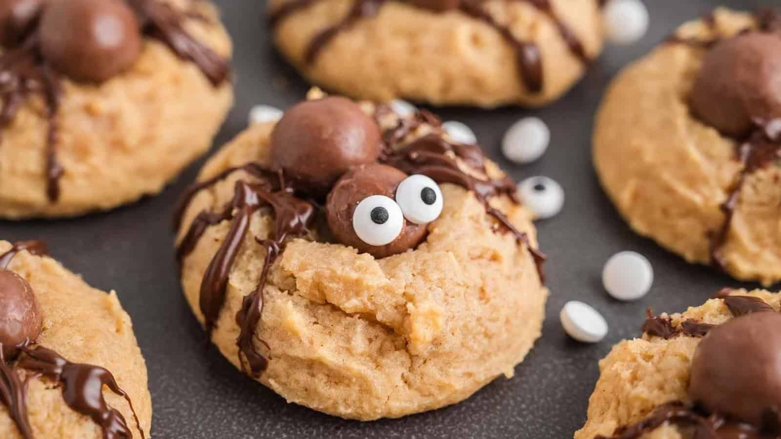 Peanut butter spider cookies decorated with chocolate spider designs and candy eyes.