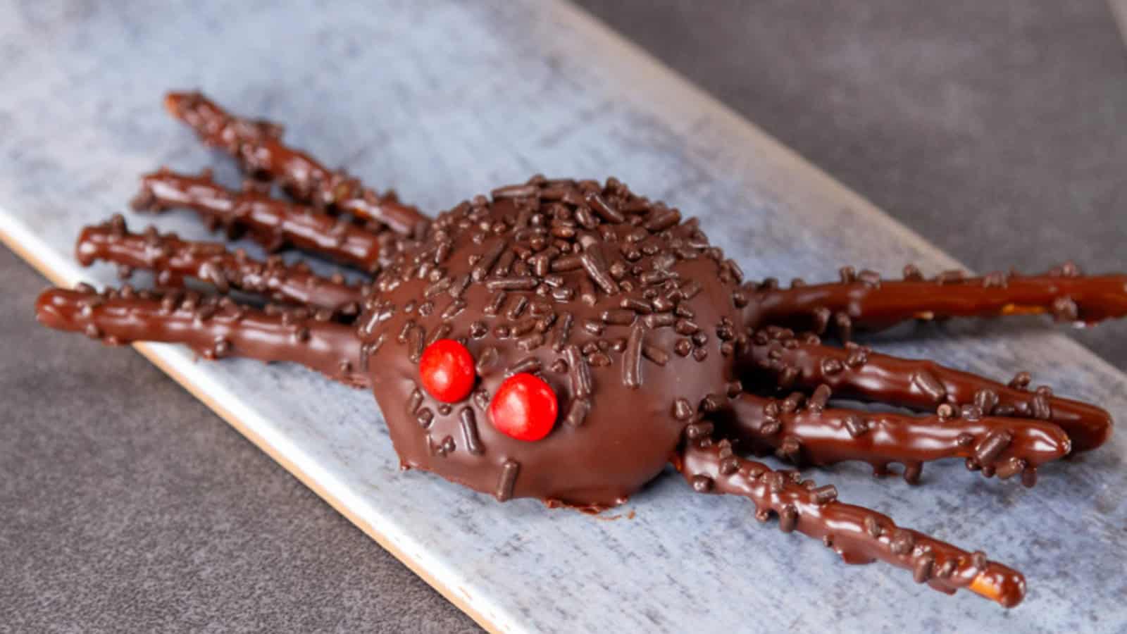 Chocolate tarantula-shaped Halloween cookies decorated with candy eyes and chocolate legs.